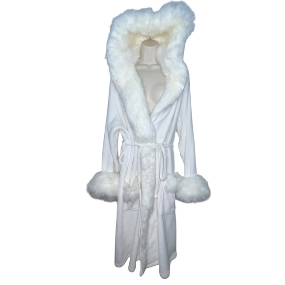 Pottery Barn White Faux Fur Robe Bathrobe Fur Trim Hood Women Large Pockets - Picture 1 of 9